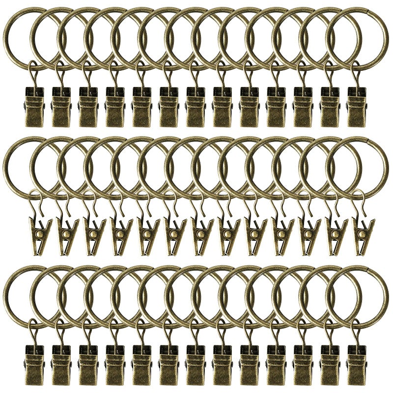 Lansian 44 Pack Curtain Rings with Clips Hooks 1 inch Rustproof Matte Metal Stainless Steel Drapery Rings for Tension Rod Bracket Eyelets Decorative Hangers, Bronze (1" Interior Diameter) - Image 1
